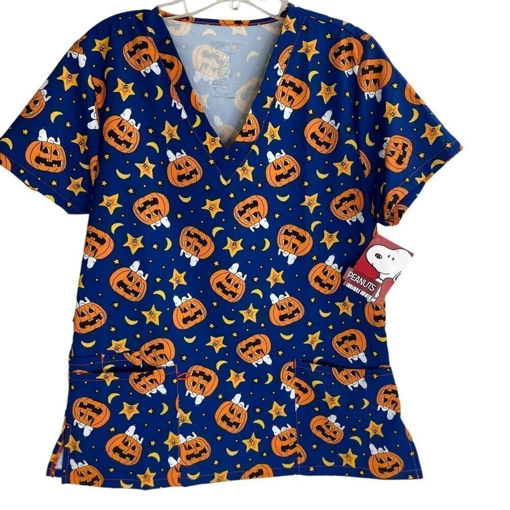 Peanuts Blue Halloween Pumpkin Print V-Neck Scrub Top